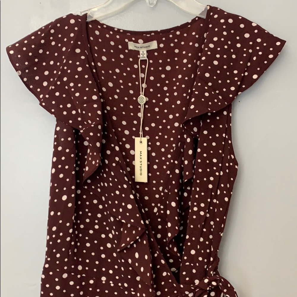 Max Studio boho high low ruffle wrap polka dot dress S - Picture 4 of 15